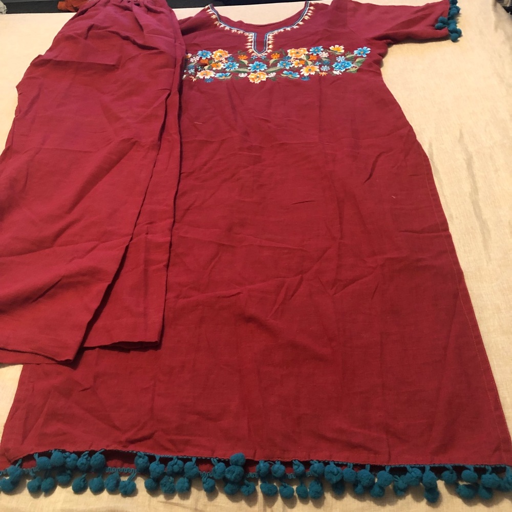 2 Piece Pakistani Maroon Kurta & Trouser Floral Embroidery & Pompom Borders